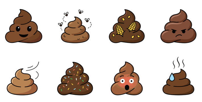 Poop vector funny brown excrement cartoon set. Cute faces and dirty feces illustration collection with fly, corn, and smell details.