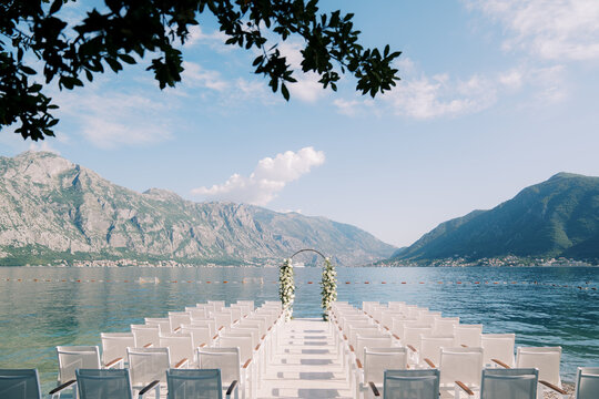 Outdoor Wedding Ceremony on Pier with Mountain and Sea View in Bajova Kula Montenegro