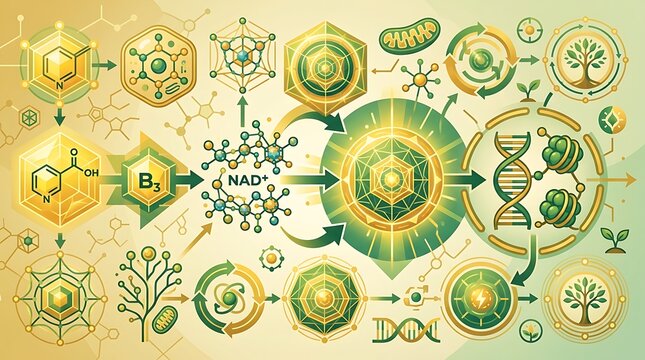 Biochemical pathway of nad showing vitamin b3 and cellular health