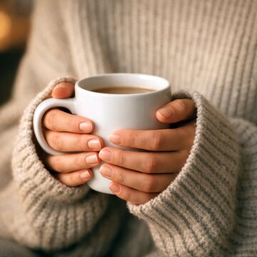 Woman hands holding warm mug in cozy sweater close up representing winter comfort relaxation and self care