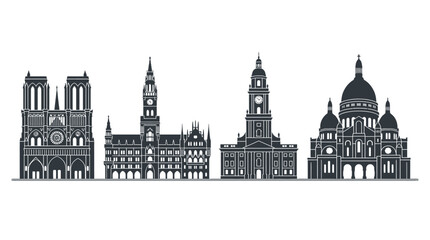 Obraz premium Detailed flat vector illustration of famous European historical landmarks arranged in a clean horizontal line