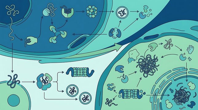 Molecular pathways and protein synthesis within a biological cell
