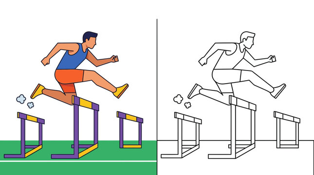 Athlete hurdling over obstacles on track, color and line art comparison