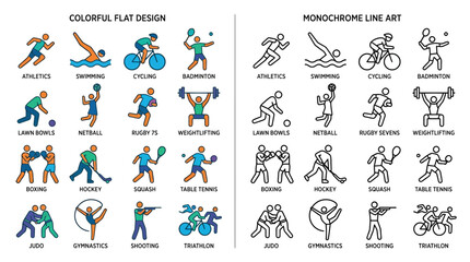 Obraz premium Colorful Flat Design & Monochrome Line Art Sports Icons Set