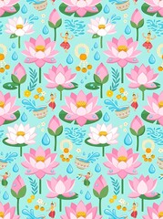 Thai culture seamless pattern with pink lotus and water festival