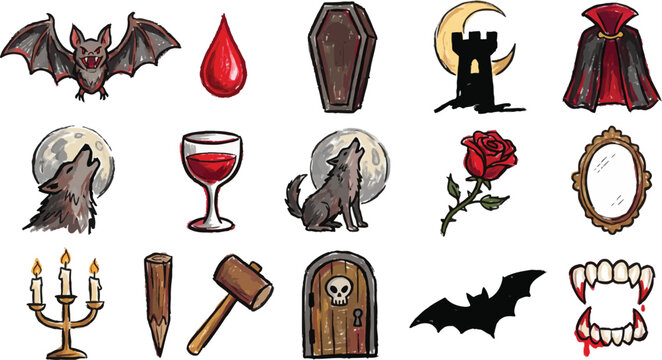 Set of 15 hand-drawn colored icons related to vampire, gothic, horror, Halloween - collection of bat, blood drop, coffin, castle, cape, howling wolf, wine glass, vampire fangs vector elements
