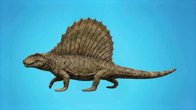 A realistic 3D animation of the Permian synapsid Dimetrodon walking with its characteristic large neural spine sail against a clean light blue backdrop. Excellent for evolutionary biology projects, hi