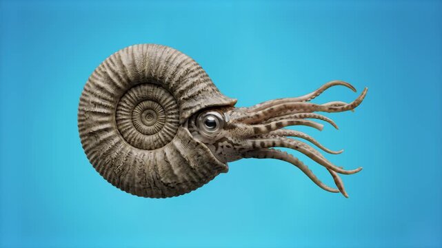 A detailed 3D animation of an ancient ammonite mollusk with tentacles swimming against a solid blue backdrop. Ideal for paleontology educational videos and marine evolution documentaries.