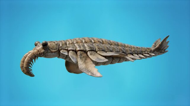 A detailed 3D model of an ancient radiodont or radiodontan marine creature swimming forward, set against a bright cyan studio backdrop. Perfect for prehistoric ocean scenes, evolutionary biology tutor