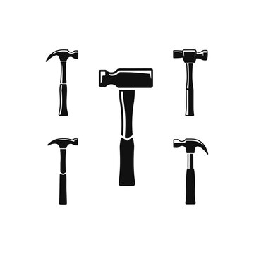 Collection of black hammer icons on white background tool construction