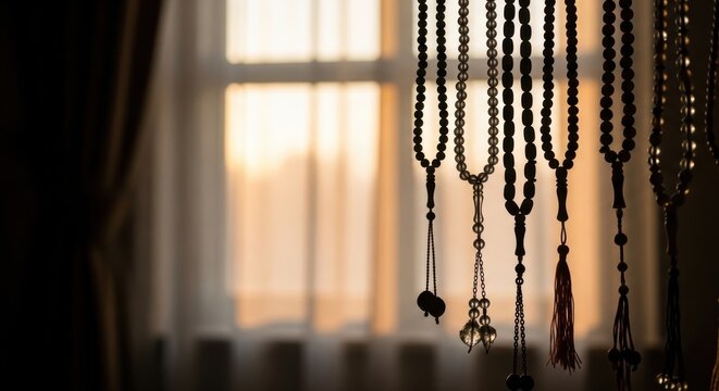 Spirituality and Devotion Islamic Prayer Beads or Misbaha Hanging in Gentle Sunlight Near a Window Evoking Peace and Contemplation in a Serene Domestic Setting Spiritual Rituals and Faith.