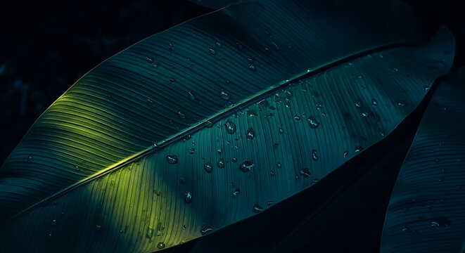 Close up of large green tropical leaf with dew drops freshness botanical moisture tropical detailed background droplets