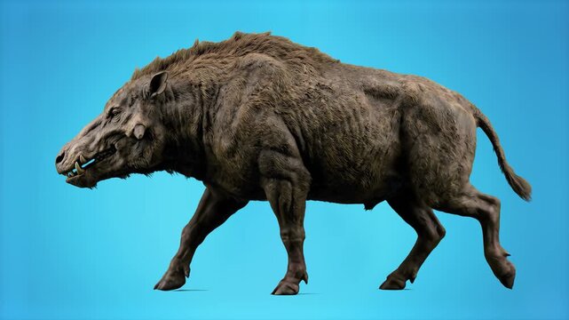 A realistic 3D walk cycle of the muscular prehistoric entelodont, an ancient "hell pig" creature, moving against a solid light blue backdrop. Ideal for paleontology documentaries, evolutionary biology