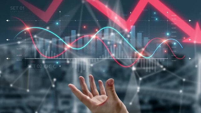 Economic caution visualized with fluctuating market graph, alert symbols, and negative data trends. Represents financial risk, market volatility, and economic uncertainty. Muxer