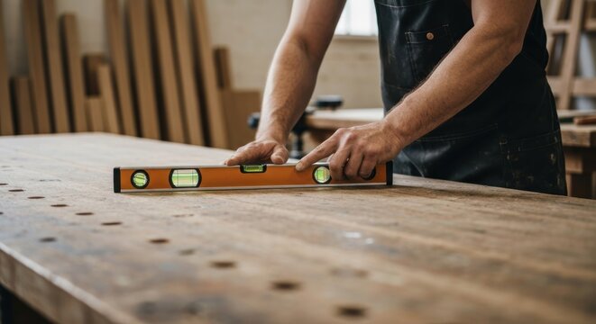 Carpenter using a level on a wooden table in a workshop