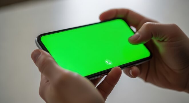 Hands holding a bright green screen smartphone demonstrating mobile technology usage for digital content creation and interactive app experiences perfect for web design and advertising.