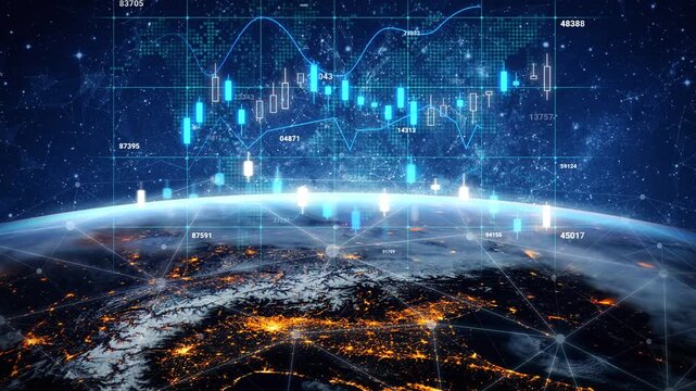 Abstract Digital Financial Graph over Earth at Night Representing Global Market Trends and Stock Trading Data with Bright Data Points. Entropy.