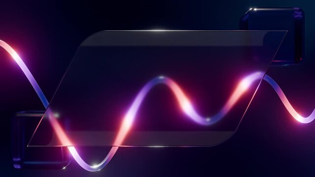 Sci Fi stylish glass frame glowing wavy neon light tube rotating cubes 3D futuristic UI loop animation