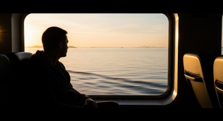 Fototapeta premium A man sits inside a train looking out the window at sunset over calm water