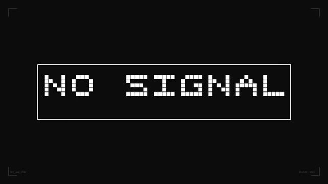Retro Digital No Signal Glitch Text with Technical HUD Overlays and Pixel Font on Black Background