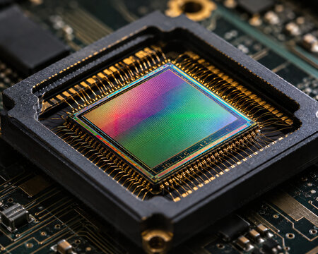 Macro shot of a digital camera image sensor chip with colorful light reflections on a circuit board