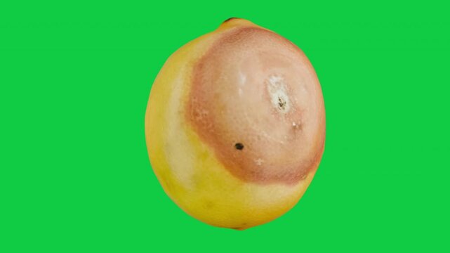 Turning Realistic Yellow lemon with Shadow and Highlight on Green Screen, Fruit food loop concept. 3D animation.