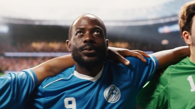 Diverse soccer team stands together in a pre-match lineup, teammates posing with confidence before game in blue jerseys against a blurred stadium.