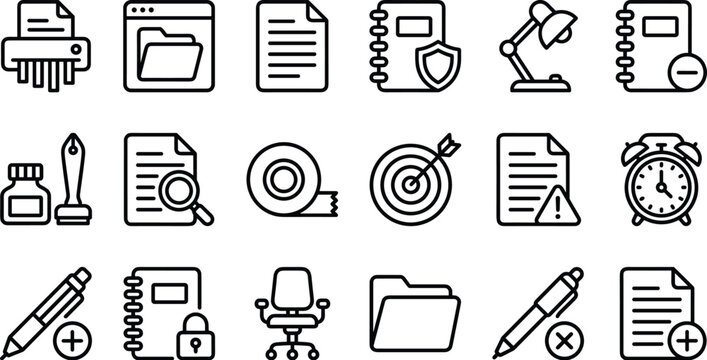 Office and business administration outline icon set containing linear vector symbols for document management security shredder stationeries and workplace equipment isolated on white background