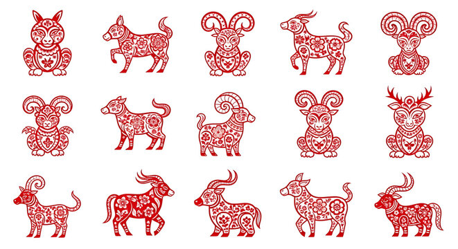 Set of red traditional Chinese zodiac animal icons with floral patterns and paper cut style