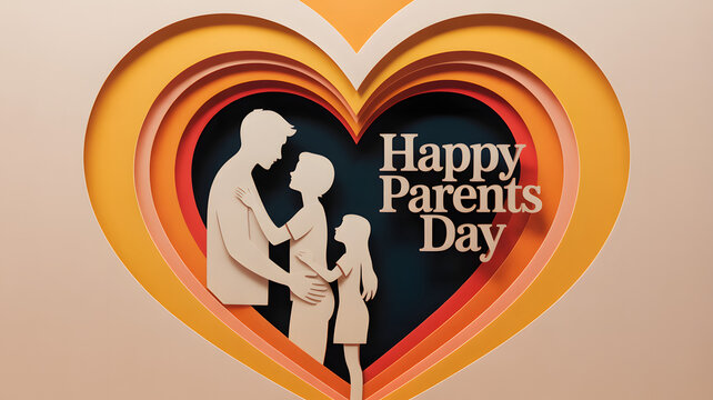 Happy Parents Day celebration with family silhouette in heart shape. Emotional greeting card design featuring loving parents and children in warm g...
