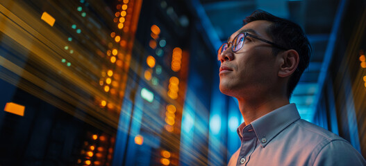 Asian Visionary Data Center Specialist Surrounded by Blue and Orange Server Lights