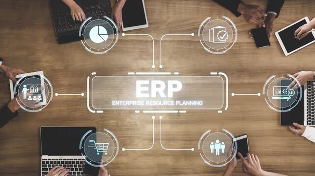 ERP platform visual showing centralized system for enterprise resource planning, improving integration, data flow, business efficiency, finance, inventory, and human resources. Muxer