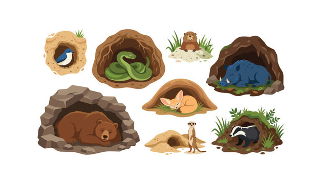 Wild animals sleeping and living in burrows caves and underground dens vector cartoon illustration set isolated on white