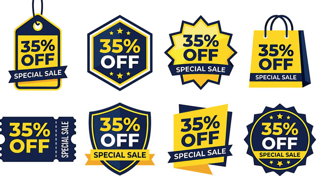 Special sale tag bundle featuring thirty five percent off discount stickers, retail shopping bag labels, and promotional shield badge vectors.