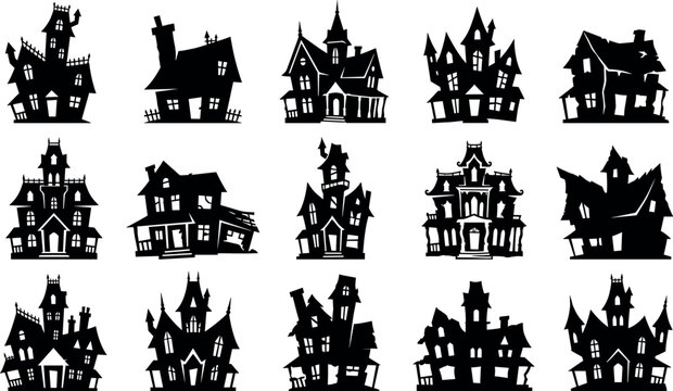 Spooky Halloween haunted house silhouette set featuring creepy gothic mansions, abandoned horror castles, mystery witch cottages, and dark nightmare architecture vectors.