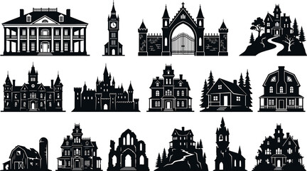 Spooky halloween haunted house silhouette vector collection with gothic castle abandoned mansion and creepy graveyard gate design elements © ALOMGIR