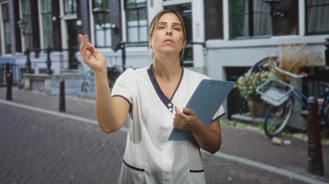 Woman nurse pointing finger while holding clipboard and pen on street amid bicycles, planters and building facades; determination professionalism.