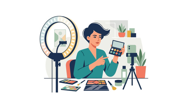 Female beauty influencer filming professional makeup tutorial with ring light and smartphone flat design vector illustration.