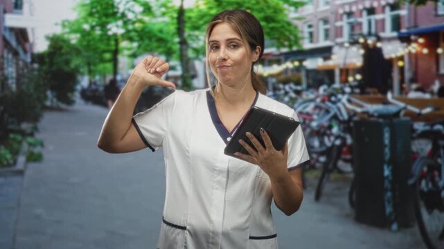 Woman nurse in white scrubs holding a tablet with thumb to chest in a dismissive gesture, eyes half closed on street with bicycles and cafe lights; wry skepticism.