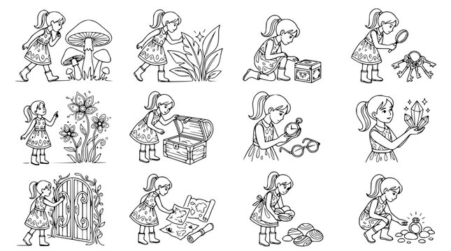 Young girl exploring nature, collecting treasures and discovering magic crystals, whimsical illustration