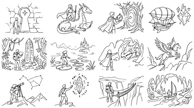 Fantasy Adventure Line Art Collection: Dragons, Magic, Exploration, Quests
