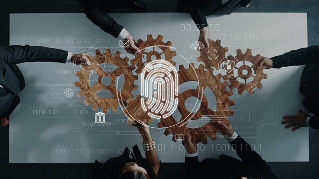 Professionals engage in a collaborative meeting, showcasing innovation through digital fingerprint graphics and interlocking gears, symbolizing teamwork and security in business. Raster