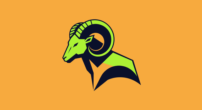 Vector graphic of a ram head in green and black, on an orange background