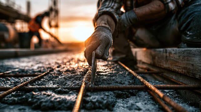 Construction worker in protective gloves placing steel reinforcement bar into concrete slab at building site during sunset for structural foundation support