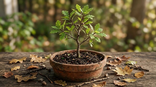 Small oak sapling in clay pot symbolizes life and renewal during Good Friday