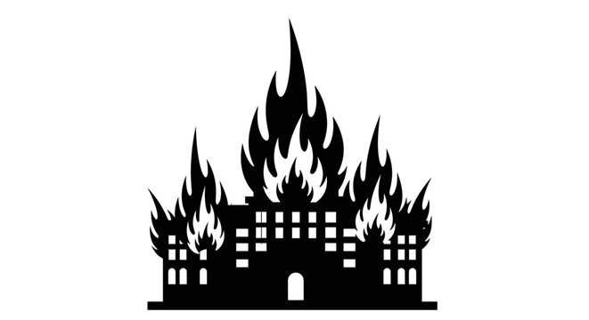 Burning Building Fire Icon Silhouette Graphic.
