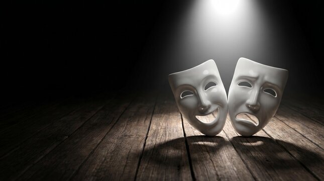 White comedy and tragedy theater masks placed on wooden stage under dramatic spotlight, representing acting performance, drama art, emotion contrast, and theatrical concept