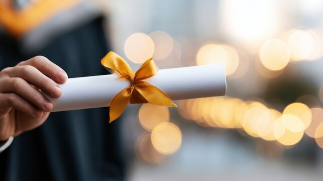 Close-up of hand holding rolled diploma certificate tied with golden ribbon celebrating academic achievement with soft bokeh background with warm glowing lights
