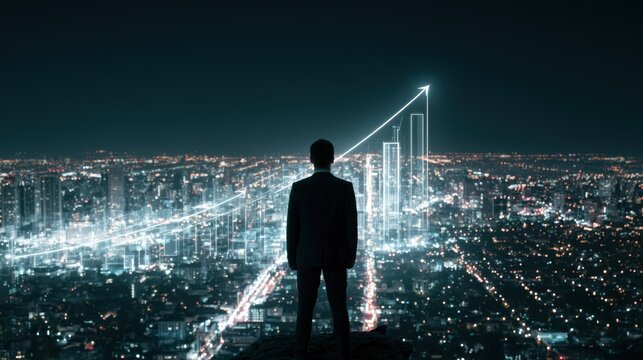 Businessman standing on city rooftop at night looking at glowing rising financial graph line representing growth success and future opportunity in urban environment