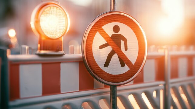 Close-up of no pedestrian crossing sign with illuminated warning light on construction site barricade during sunset golden hour for safety caution